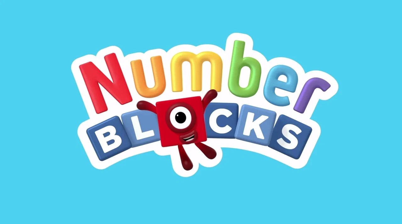 Colorful children's animated logo for 'Number Blocks' with a red cube character with one eye and arms on a light blue background.