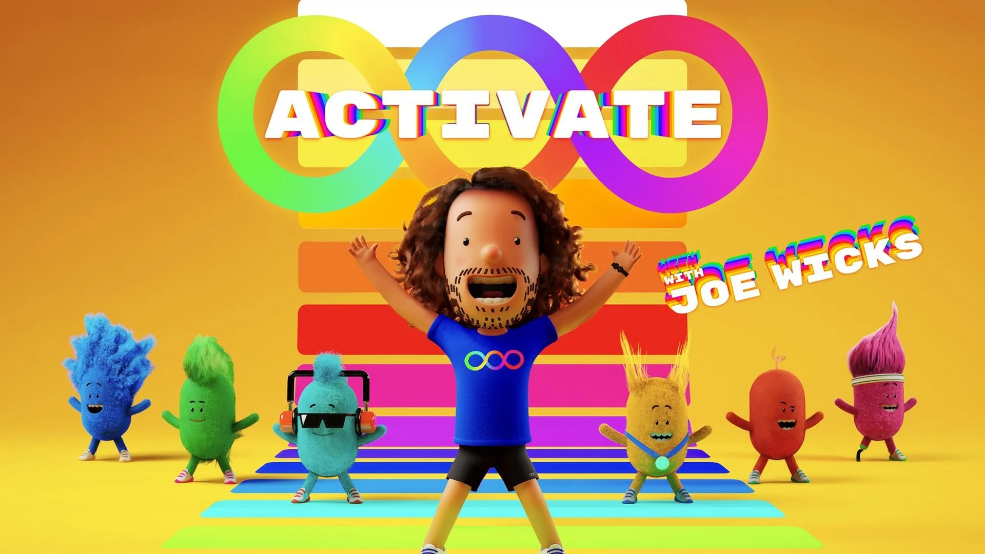 Colorful animated characters standing on a rainbow path with a cheerful man raising his arms, behind large colorful circles with the word 'Activate' and smaller text 'with Joe Wicks'.