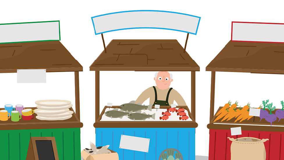 Farmer's market stalls with cups and plates on the left, fish and red tomatoes at the center, and carrots and purple vegetables on the right.