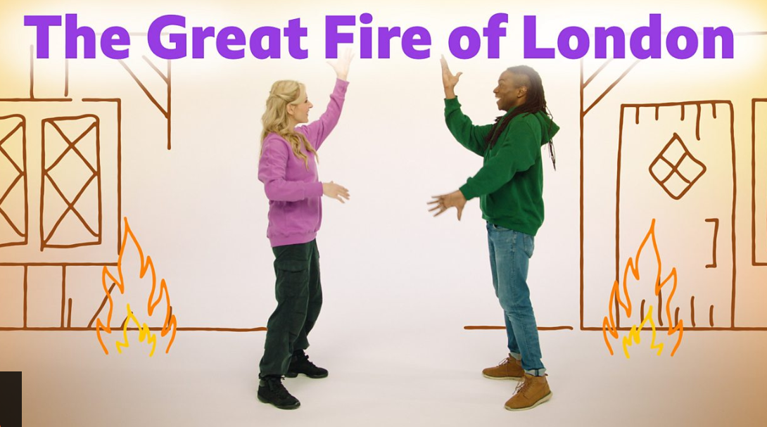 Two people raising their hands in front of a white background with doodle-style drawings of burning buildings and flames, with the text 'The Great Fire of London' at the top.