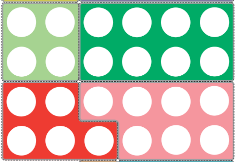 Four colorful tabs labeled with white circles on a green, red, pink, and beige background.