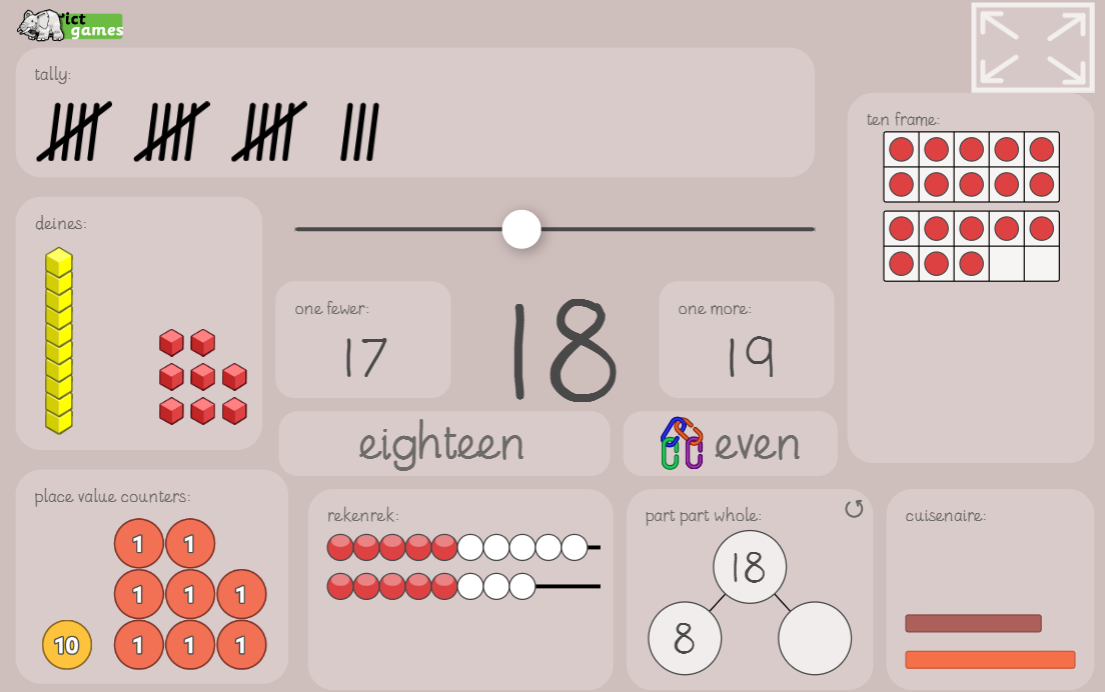 A digital educational math game screen showing tally marks, number representations, and math-related visuals for the number eighteen.