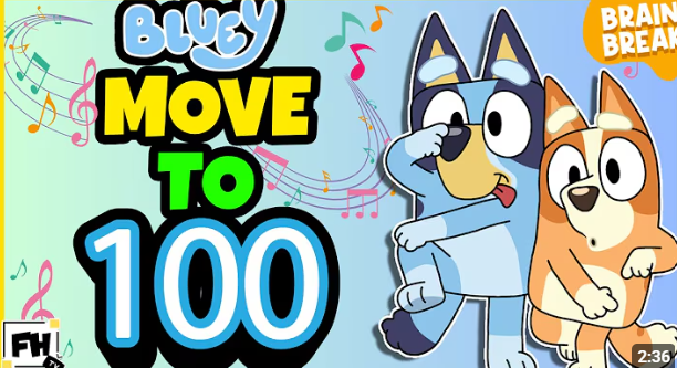 Cover for Bluey episode titled 'Move to 100' featuring animated Bluey and Bingo, with Bluey wearing glasses and making a peace sign, surrounded by colorful musical notes.