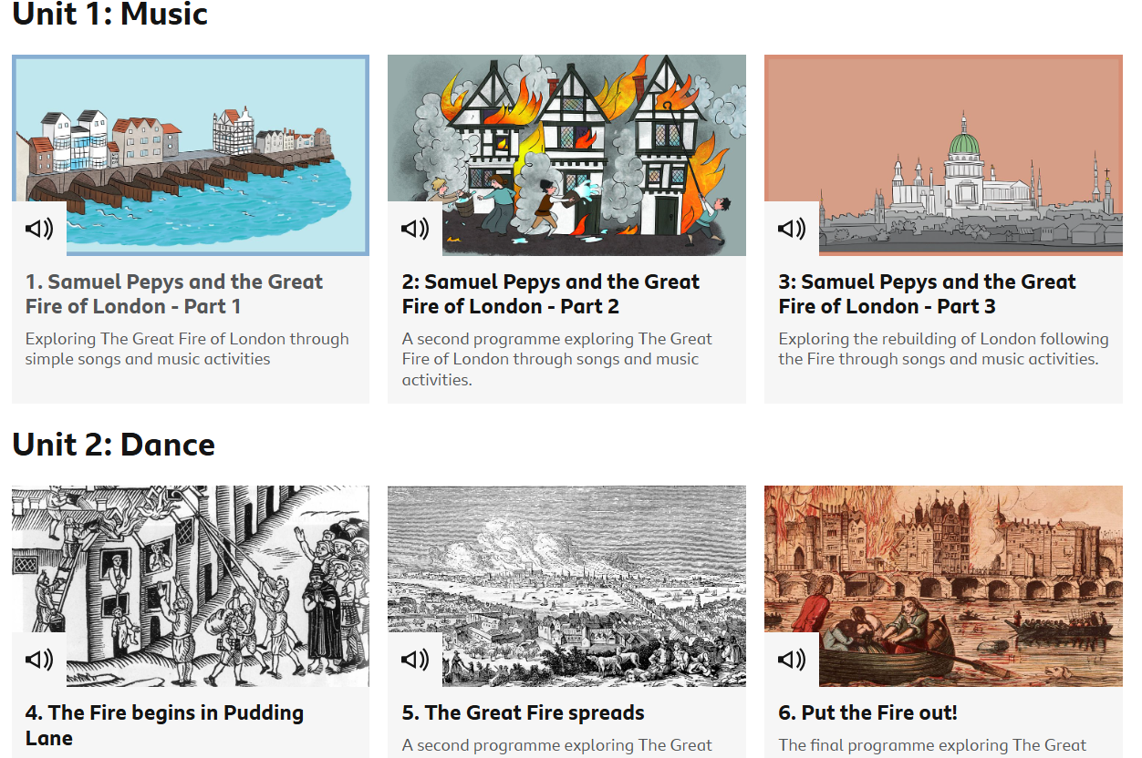 Three illustrations with titles and descriptions of different parts of the programme about the Great Fire of London and its aftermath. The first row shows images related to the fire, including a row of houses by the water, a burning building, and the rebuilt city. The second row includes images depicting the initial fire in a black-and-white drawing, the spread of the fire in a historical scene, and people putting out the fire on the river.