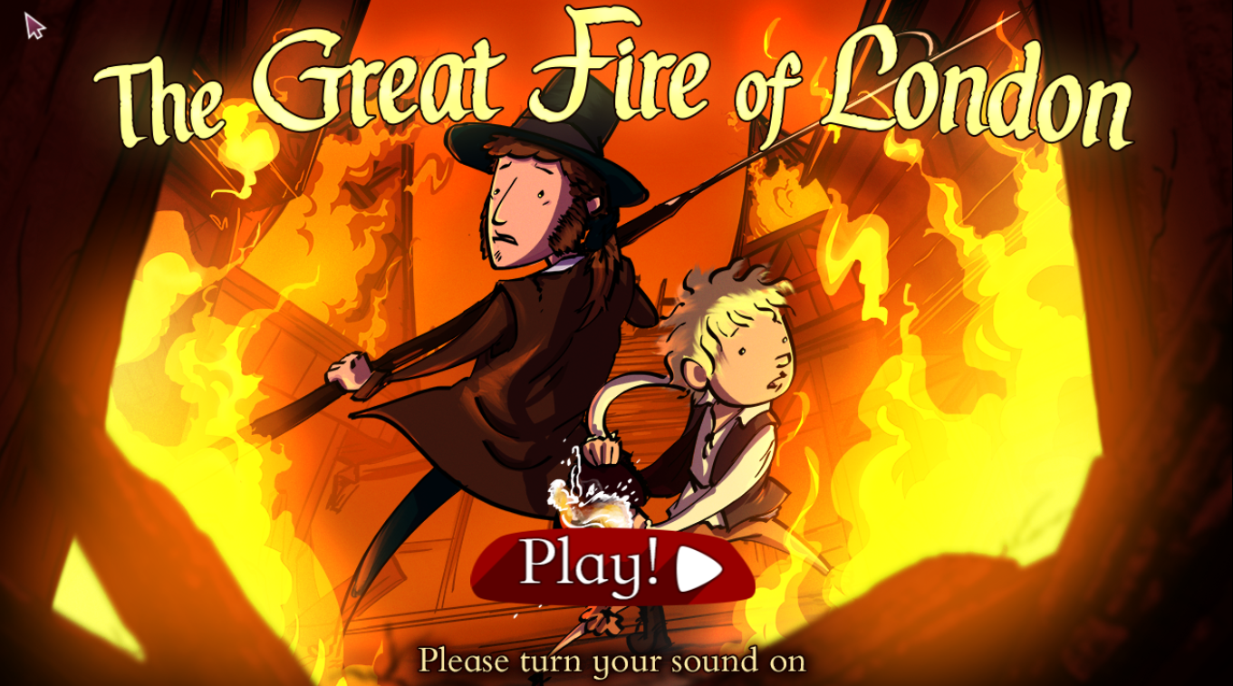 Animated scene of a fire in London with two characters, a man in a hat holding a long stick and a young boy, with flames and smoke in the background. Text reads "The Great Fire of London" and a red button labeled "Play!" with a subtitle "Please turn your sound on."