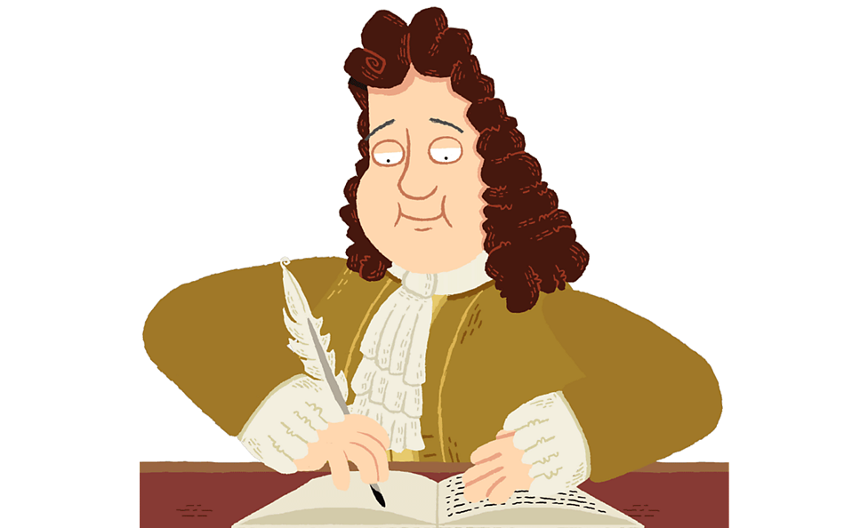 Illustration of a man with long curly hair, wearing 17th-century clothing, sitting at a desk and writing with a quill pen.
