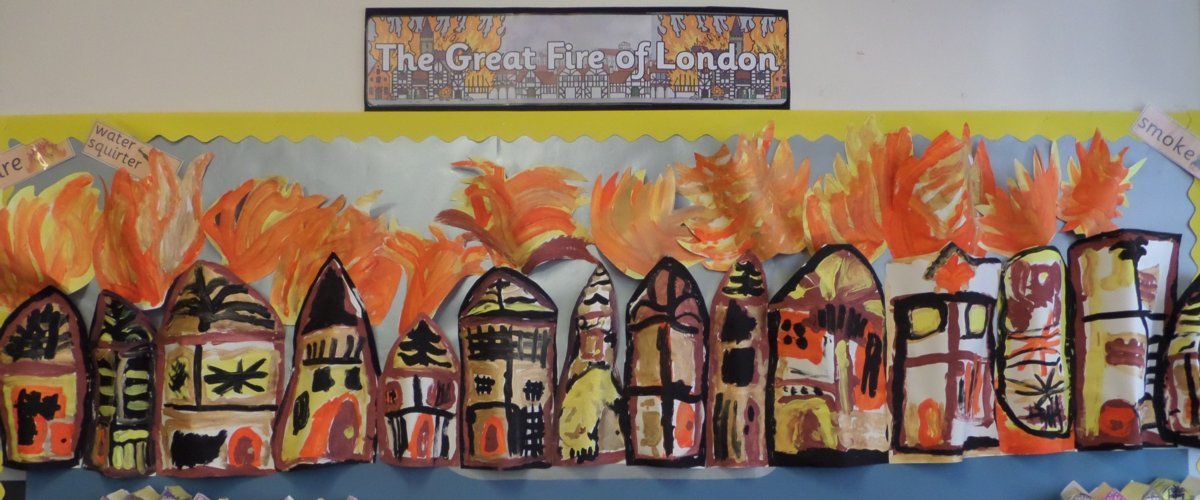 Children's artwork depicting the Great Fire of London, with orange and yellow flames above black and orange house drawings.