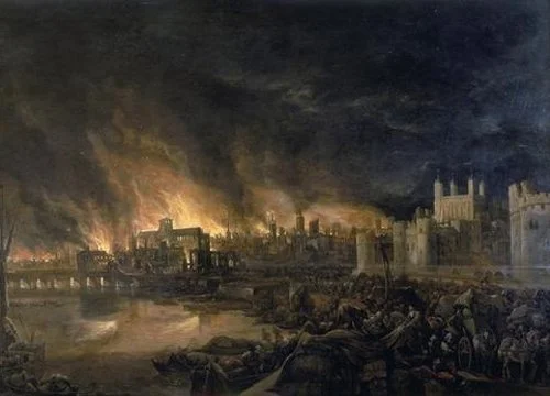 A painting of a city on fire with buildings burning and smoke rising into a dark sky, with a river and boats in the foreground.