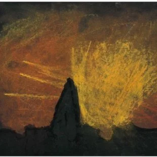 Silhouette of a mountain or rock formation against a colorful sunset sky with yellow, orange, and brown hues.