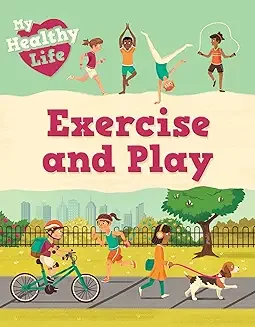 Children playing and exercising outdoors, with kids jumping, riding bikes, walking dogs, and running in a park, promoting healthy life and active lifestyle.