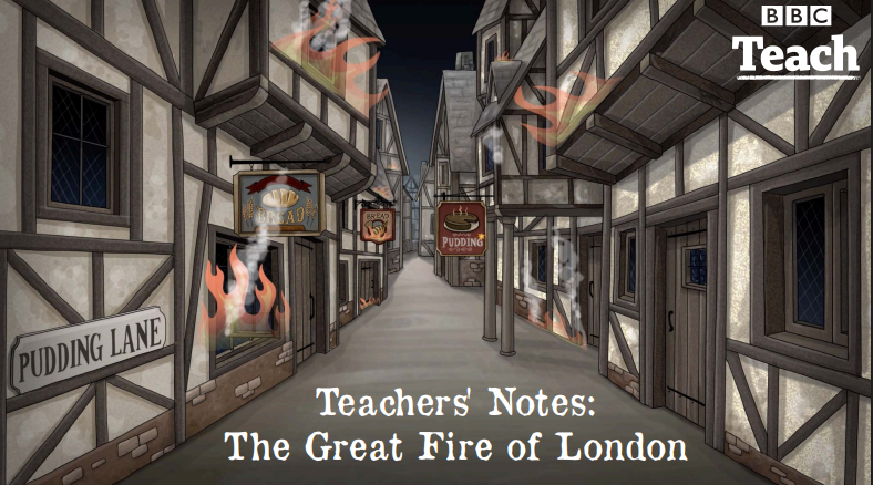 Cartoon-style street scene with buildings on fire, signboards, and smoke in the air, titled 'Teachers' Notes: The Great Fire of London'.