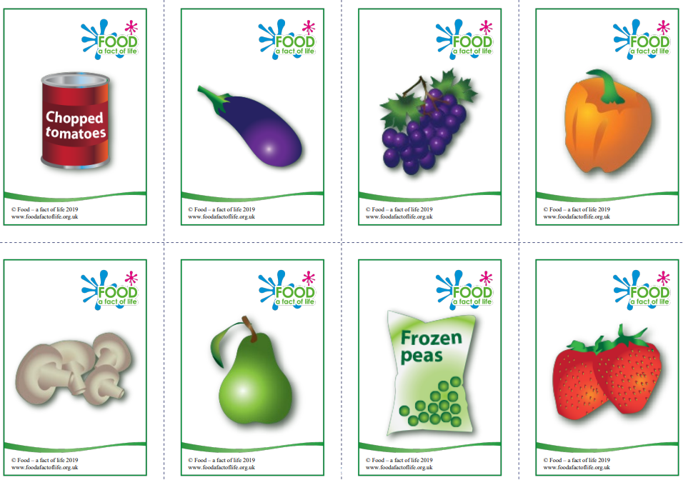 Collection of eight food illustrations including chopped tomatoes, eggplant, grapes, pumpkin, mushrooms, pear, frozen peas, and strawberries.