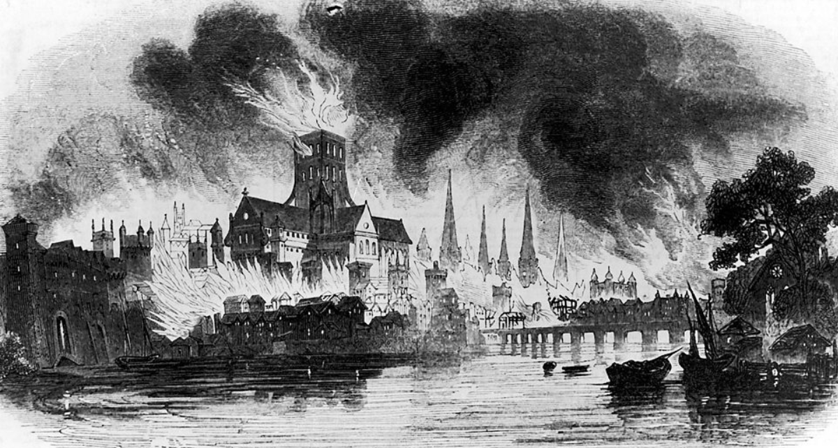 Illustration of a city on fire, with large flames and thick black smoke billowing from buildings near a river; boats are anchored along the riverbank.
