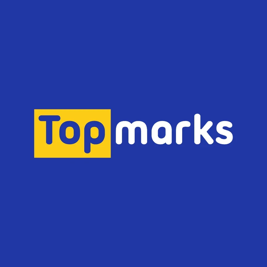 Logo for Top Marks with a blue background, the word "Top" in blue inside a yellow rectangle, and "marks" in white next to it.