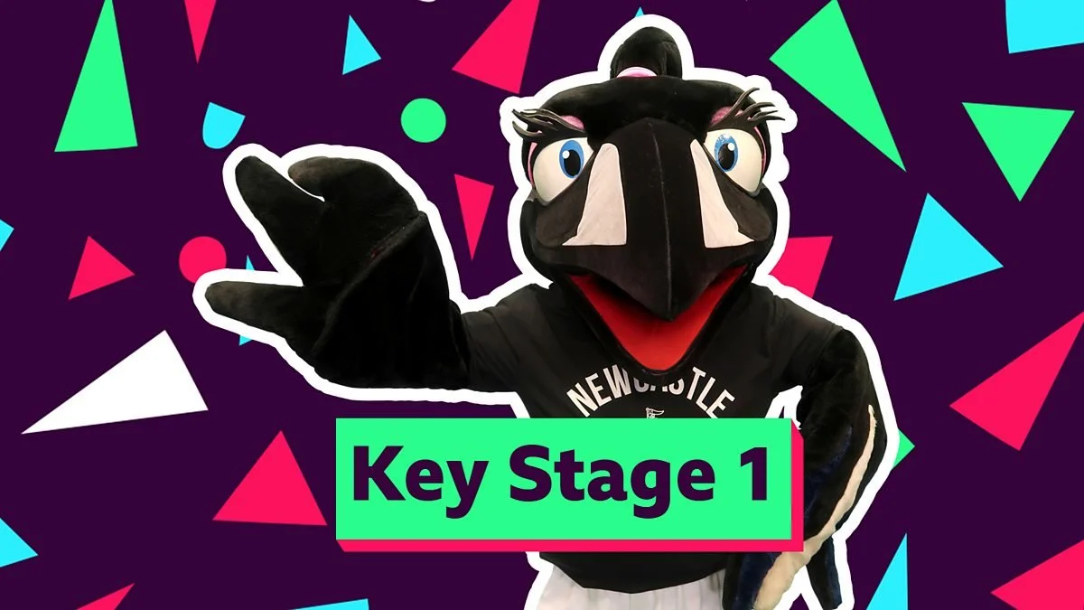 A mascot with a large black bird head, big eyes, a red beak, and black feathers, wearing a black T-shirt with white text 'NEW ORLEANS' and posing with one arm extended forward. The background features a colorful abstract pattern with triangles and circles, and a green box with black text reading 'Key Stage 1'.