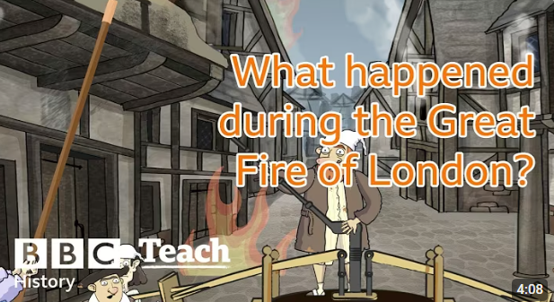 An animated scene depicting the Great Fire of London, with characters in period clothing, a flaming building, and text asking about the event.