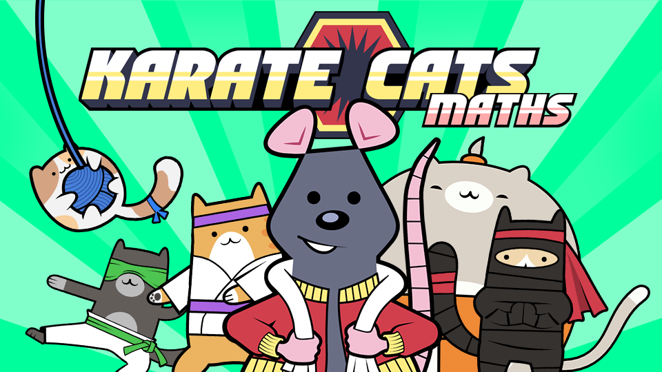 Cartoon cats dressed as karate warriors with a dog in the center, all against a bright green background with rays and a shield emblem.