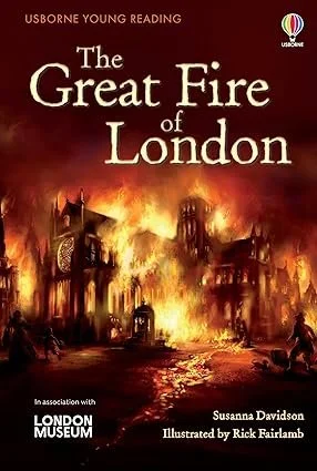 Book cover titled 'The Great Fire of London' depicting the historic fire with flames destroying buildings.
