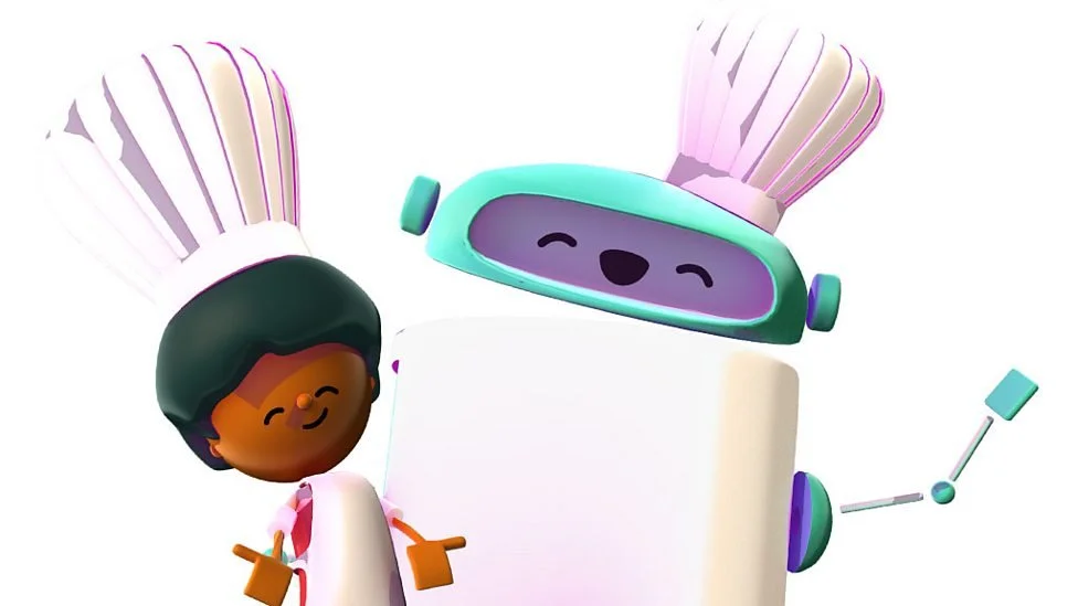 A cartoon chef robot with a smiling face, white chef's hat, and a kid with dark hair wearing a white chef's coat, both smiling and posing together.