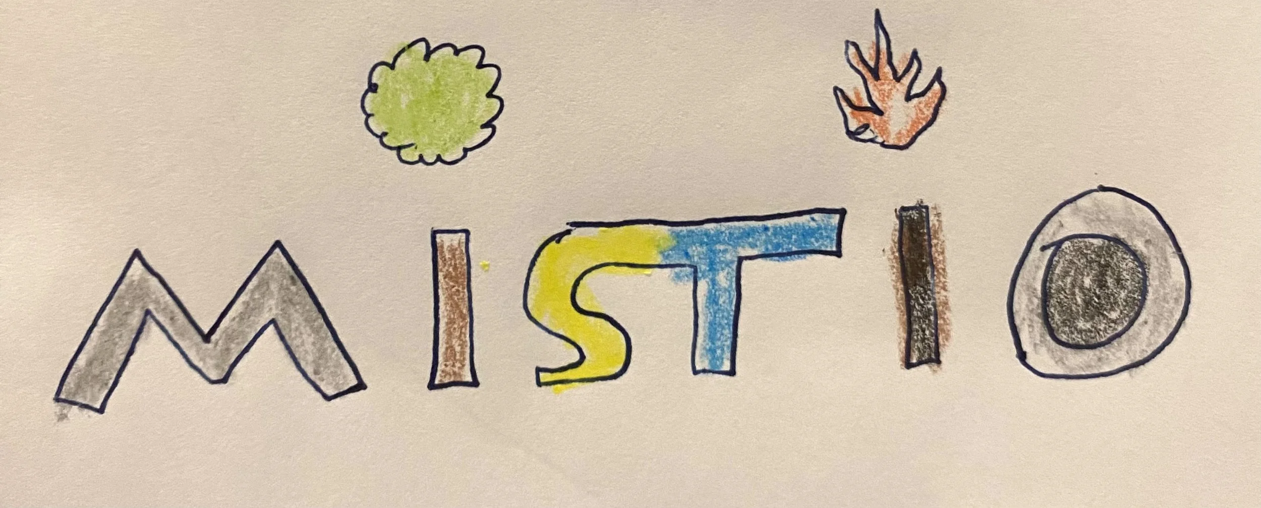Colorful hand-drawn sign spelling out "MISTO" with trees above.