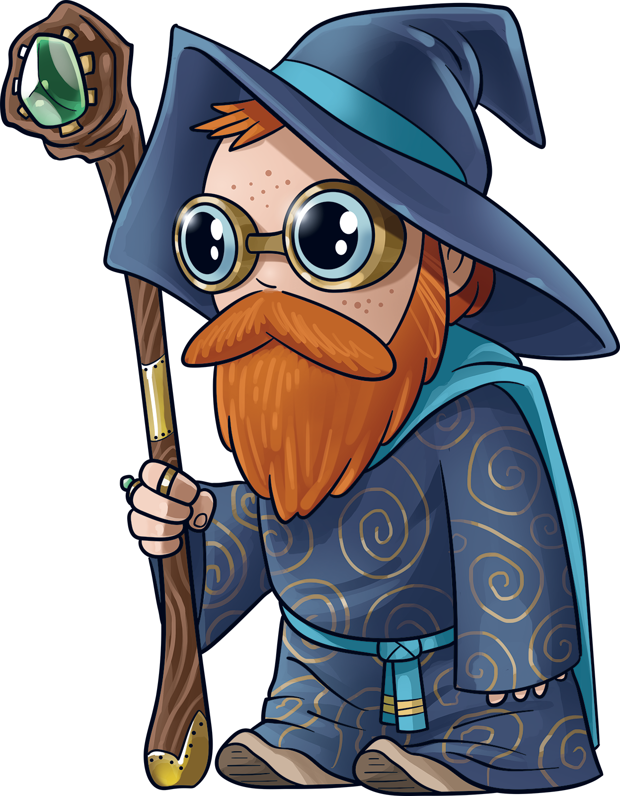 Cartoon wizard with a long red beard, wearing glasses, a blue robe with swirling patterns, a matching hat, and holding a staff with a large green gemstone on top.