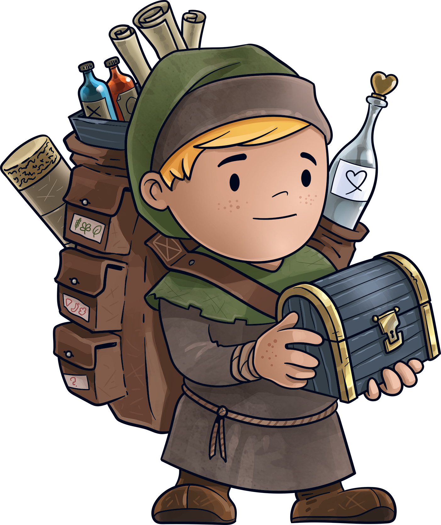 Cartoon of a young adventurer boy with freckles, wearing a green hooded cloak, holding a small black and gold chest, with a large backpack filled with scrolls, bottles, and supplies.