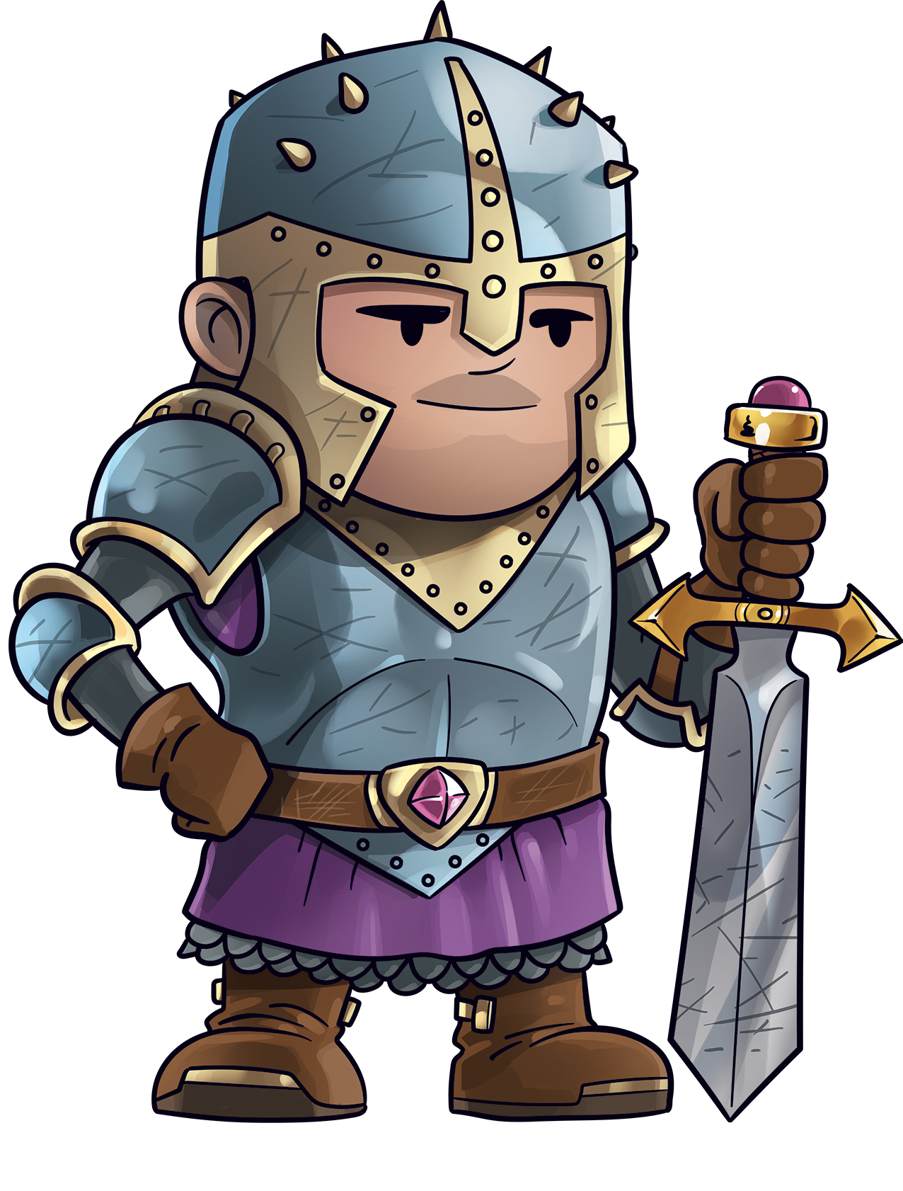 Cartoon knight in armor holding a sword, wearing a helmet with spikes, and a purple cape.