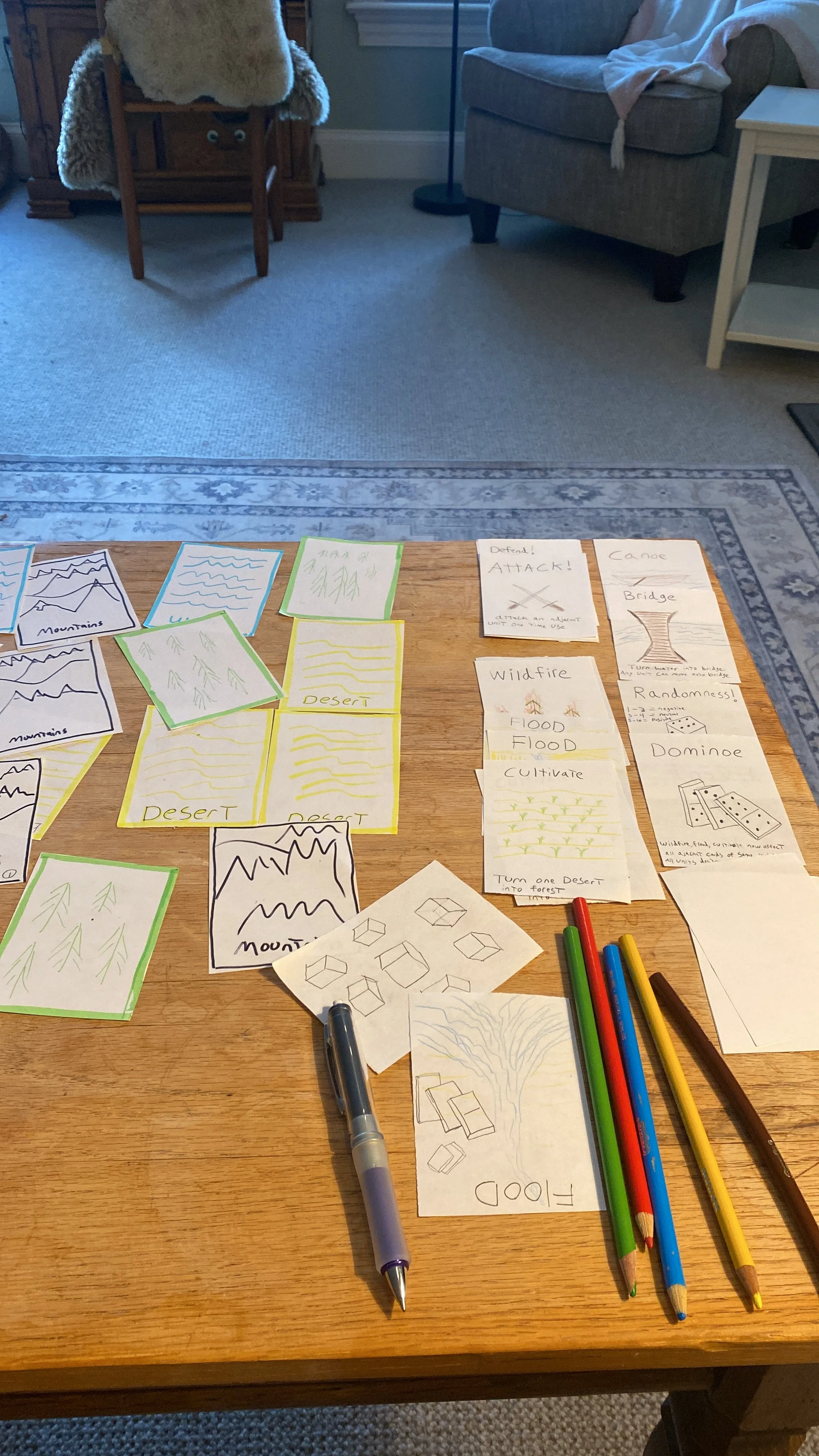 A table with various hand-drawn maps and diagrams related to natural landscapes and disaster scenarios, including mountains, deserts, wildfires, floods, and urban development. Several colored markers are also on the table.