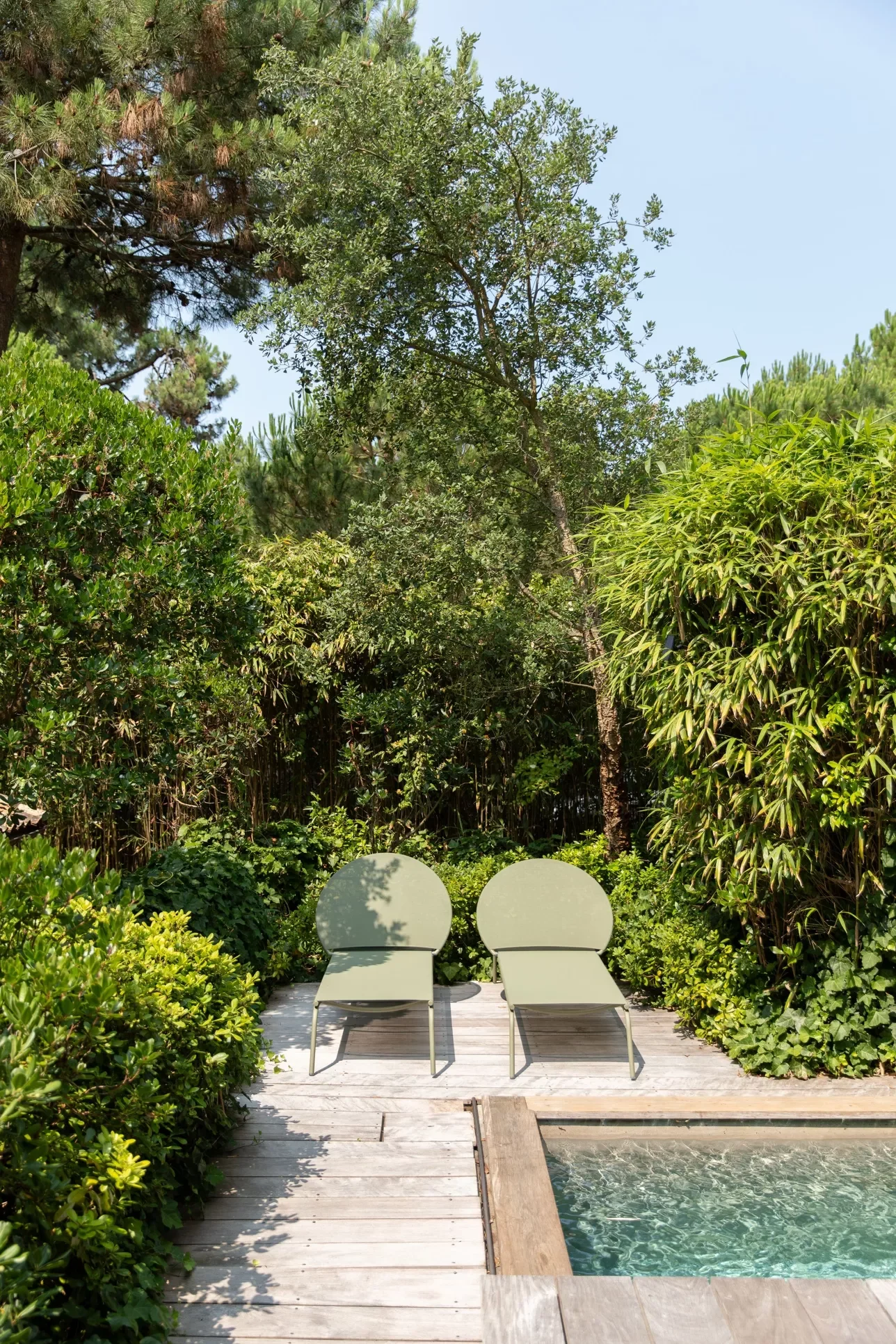 Deux chaises longues vertes sur une terrasse en bois à côté d'une piscine, entourées de végétation luxuriante et d'arbres sous un ciel bleu.