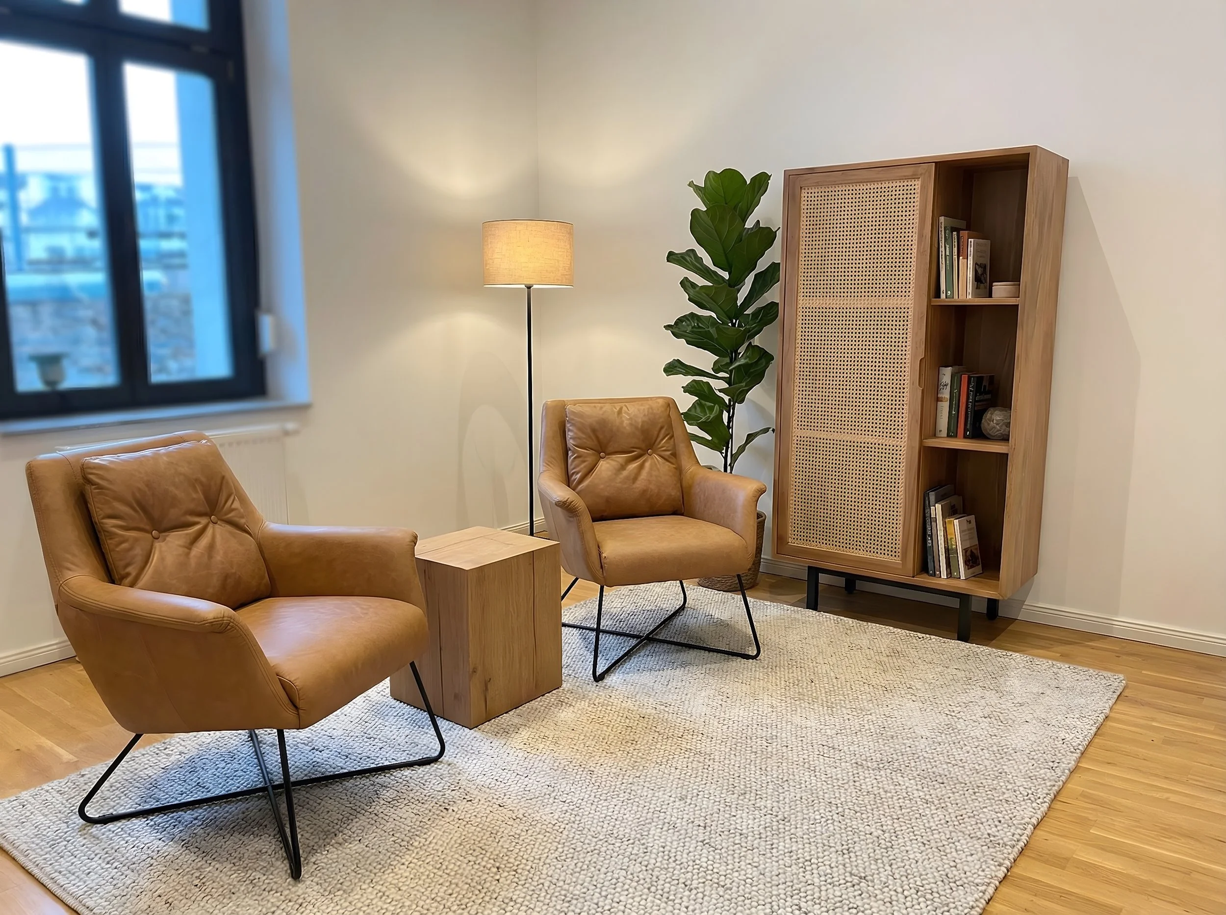 Therapieraum der Praxis für Psychotherapie in Hattingen mit zwei Sesseln, Teppich und Bücherregal.