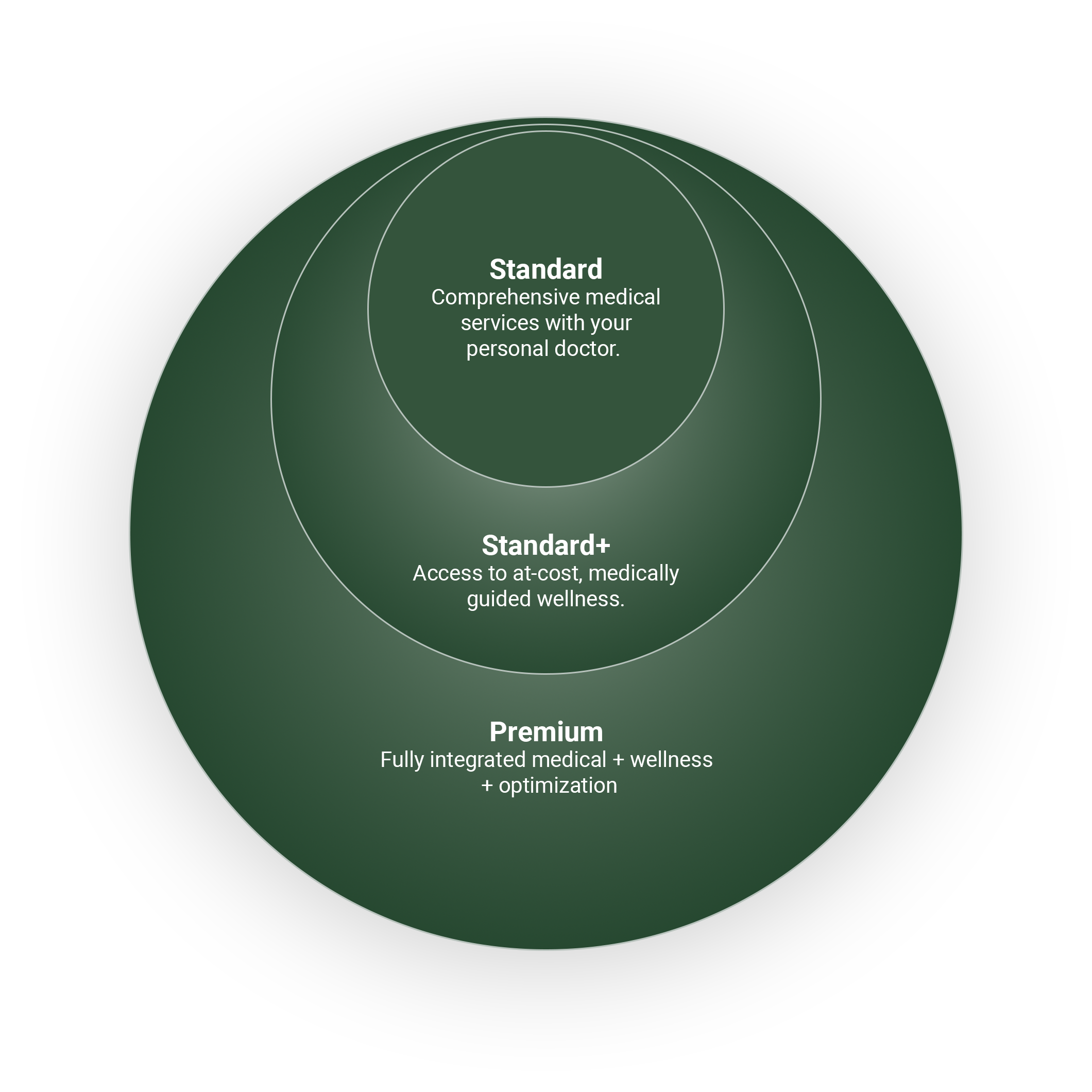 A circular infographic displaying three levels of healthcare plans: Standard, Standard+, and Premium. Standard offers comprehensive services with your personal doctor, Standard+ provides access to at-cost, medically guided wellness, and Premium includes fully integrated medical and wellness services with optimization.
