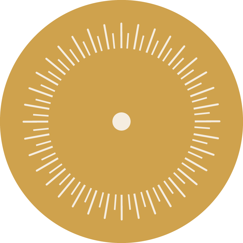 Ein runder, goldener Timer mit weißen Markierungen und einem kleinen weißen Punkt in der Mitte.