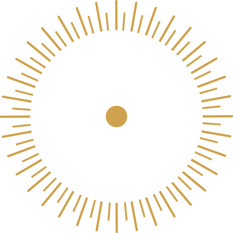 Goldene Punkt- und Strich-Struktur auf dunkelblauem Hintergrund, kreisförmig angeordnet.
