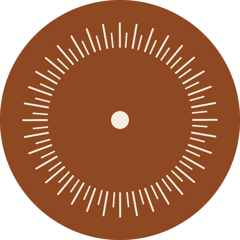 Ein brauner, runder Timer oder Wecker mit weißen Markierungen und mittigem Knopf.