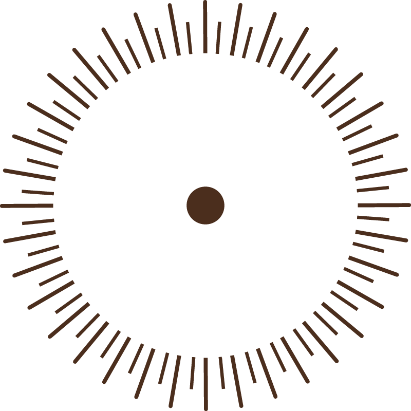 Ein kreisförmiges, braun gestaltetes Design mit zahlreichen Strichen, die radial nach außen verlaufen, auf schwarzem Hintergrund.