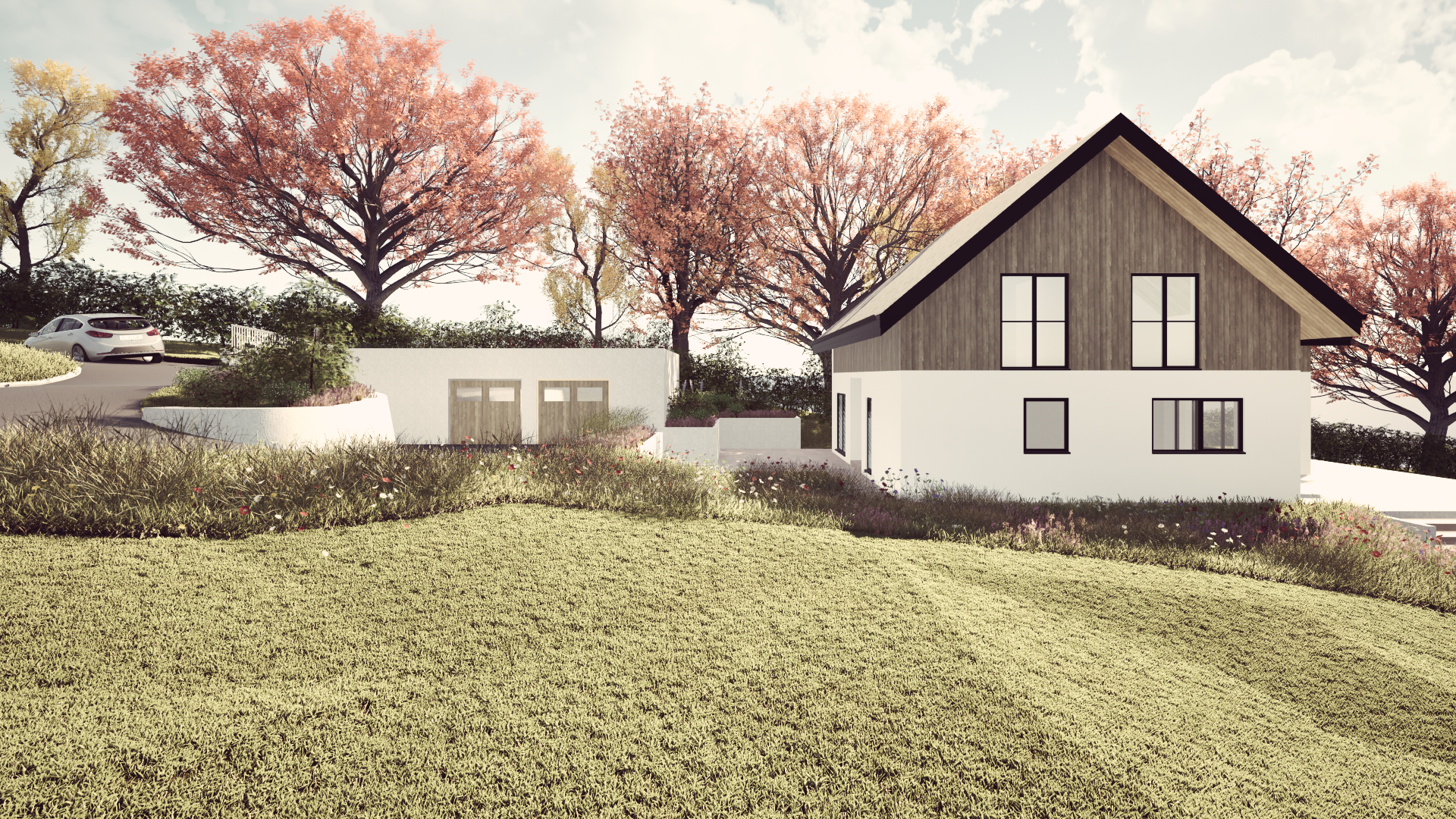 Modern house with a dark wood upper floor and white lower floor, surrounded by pink blooming trees and a well-maintained lawn, with a driveway and parked cars in the background.