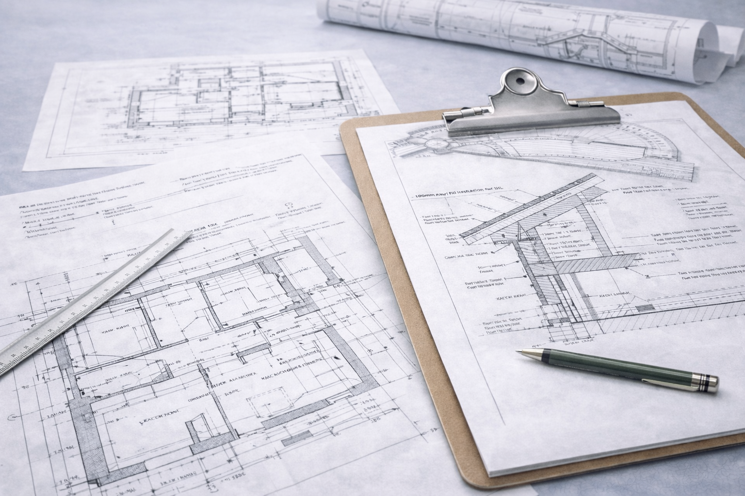 Detailed building regulation drawings clipped to a clipboard, showing construction sections and technical details on a neutral desk.