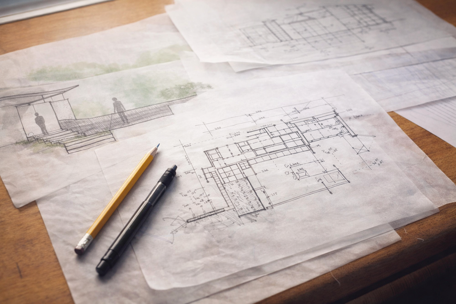 Architectural blueprints and sketches spread on a wooden table, with pens nearby.
