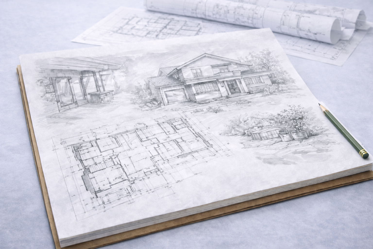 Open sketchbook displaying hand drawn architectural concept sketches, including building perspectives and floor plans, on a light work surface.