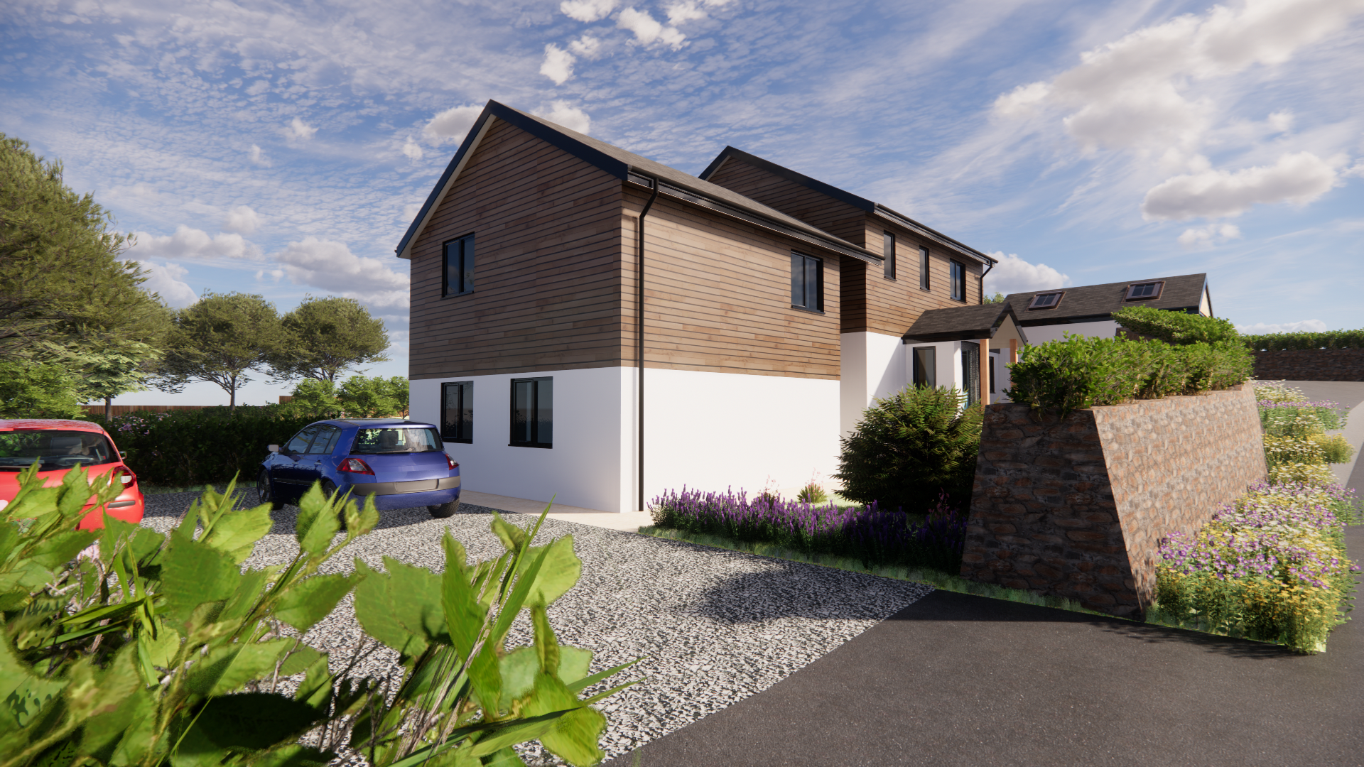 A modern house with wooden and white exterior walls, black windows, and a driveway with red and blue cars parked. There are trees and bushes in the garden under a partly cloudy sky.
