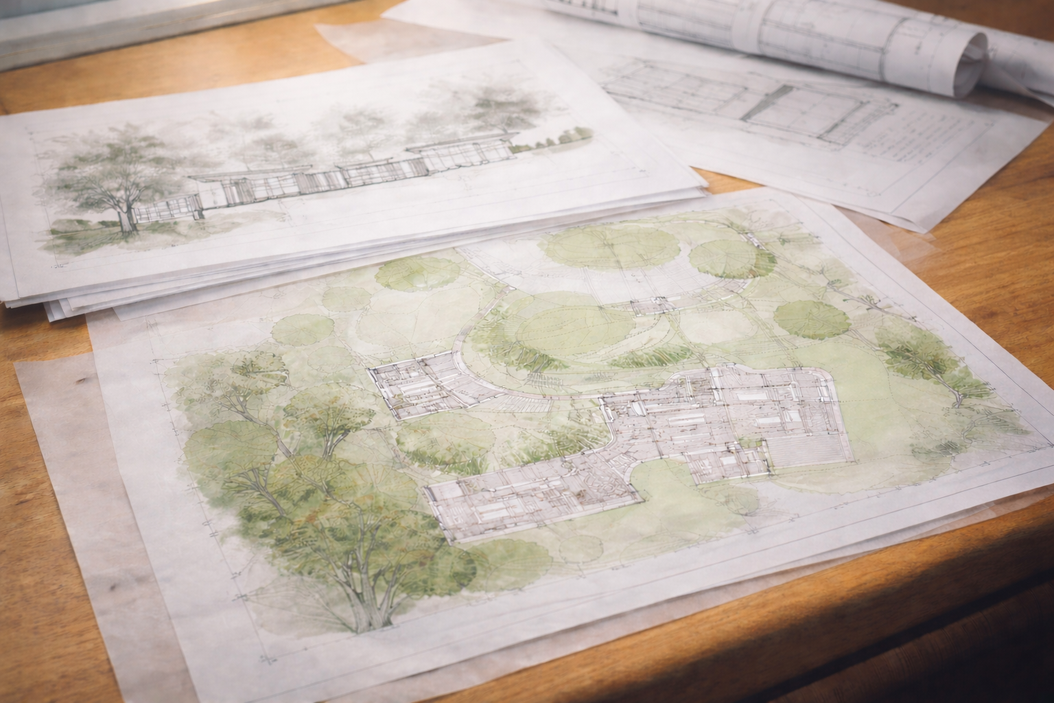 Architectural drawings and landscape plans spread out on a wooden desk, depicting building designs and outdoor landscaping with greenery.
