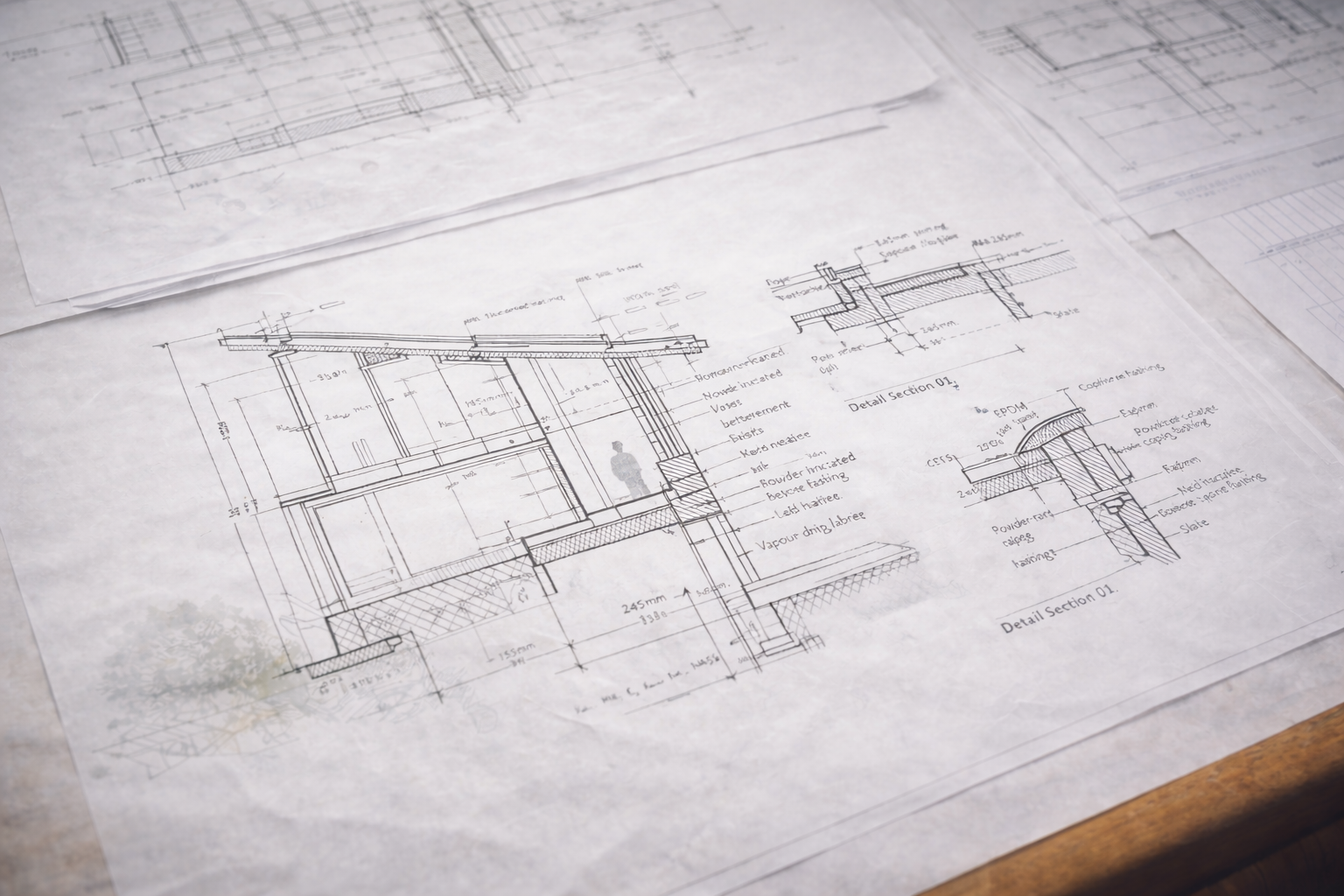 Architectural blueprints and technical drawings of a building layout and section views on paper.