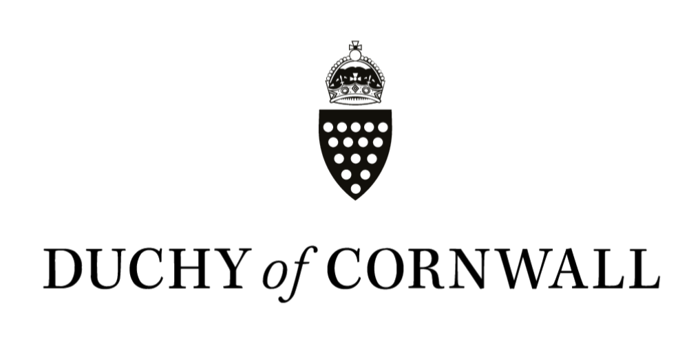 The image shows a black background with a crown at the top, a shield with holes below it, and the text 'DUCHY of CORNWALL' at the bottom.