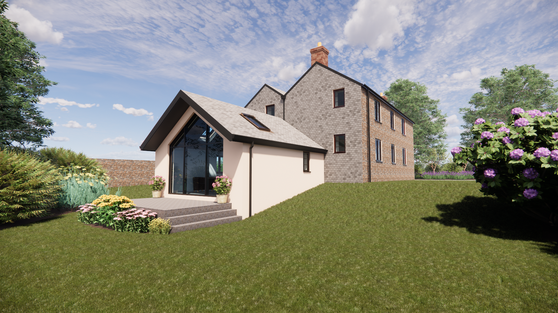 A modern house with a large glass windowed extension, set on a grassy lawn with flowering plants and trees under a bright blue sky with scattered clouds.