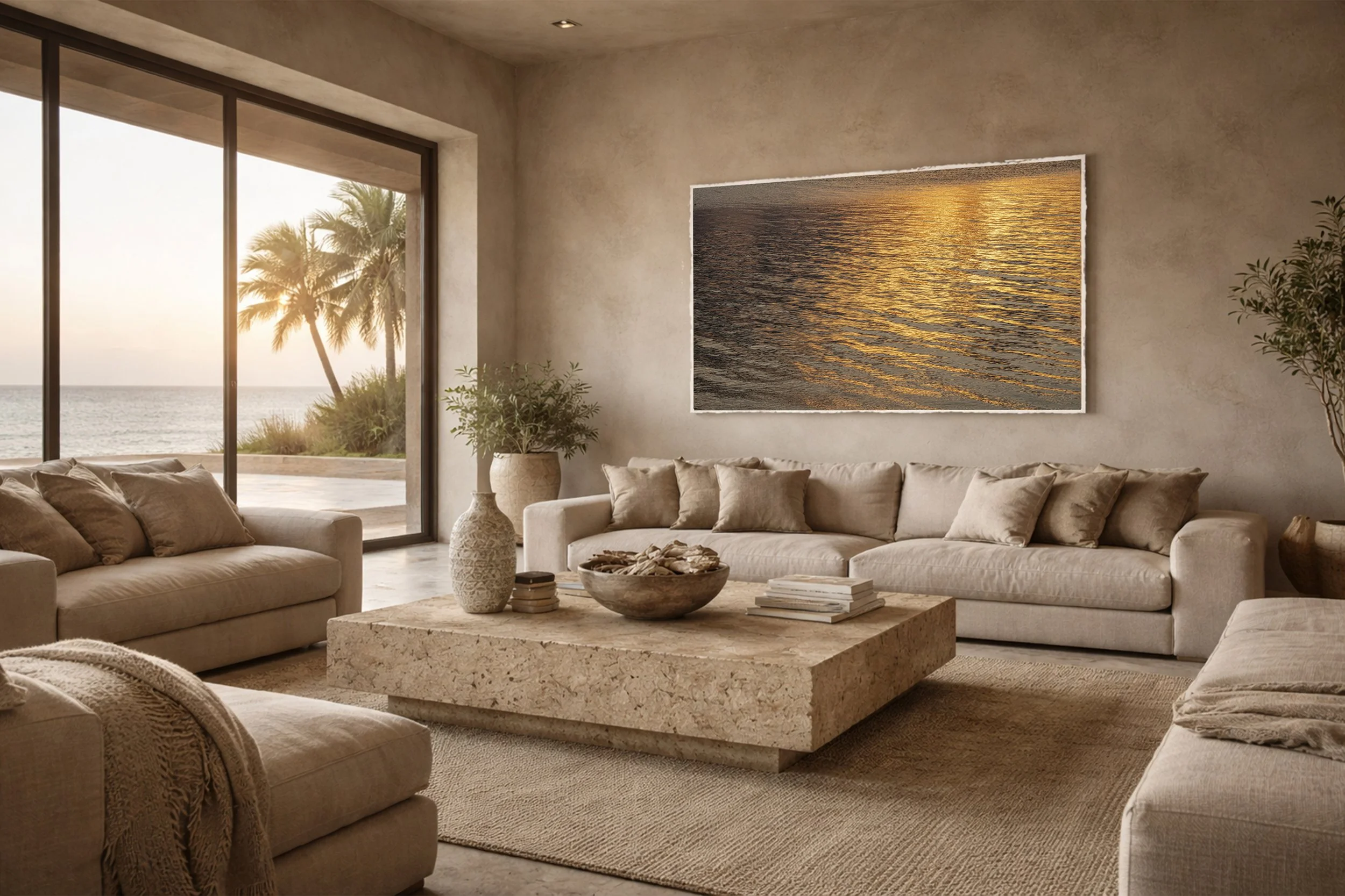 Living room with beige sofas, a large coffee table with decorative items, potted plants, a painting of water at sunset on the wall, and large sliding glass doors showing a beach scene with palm trees and the ocean at sunset.
