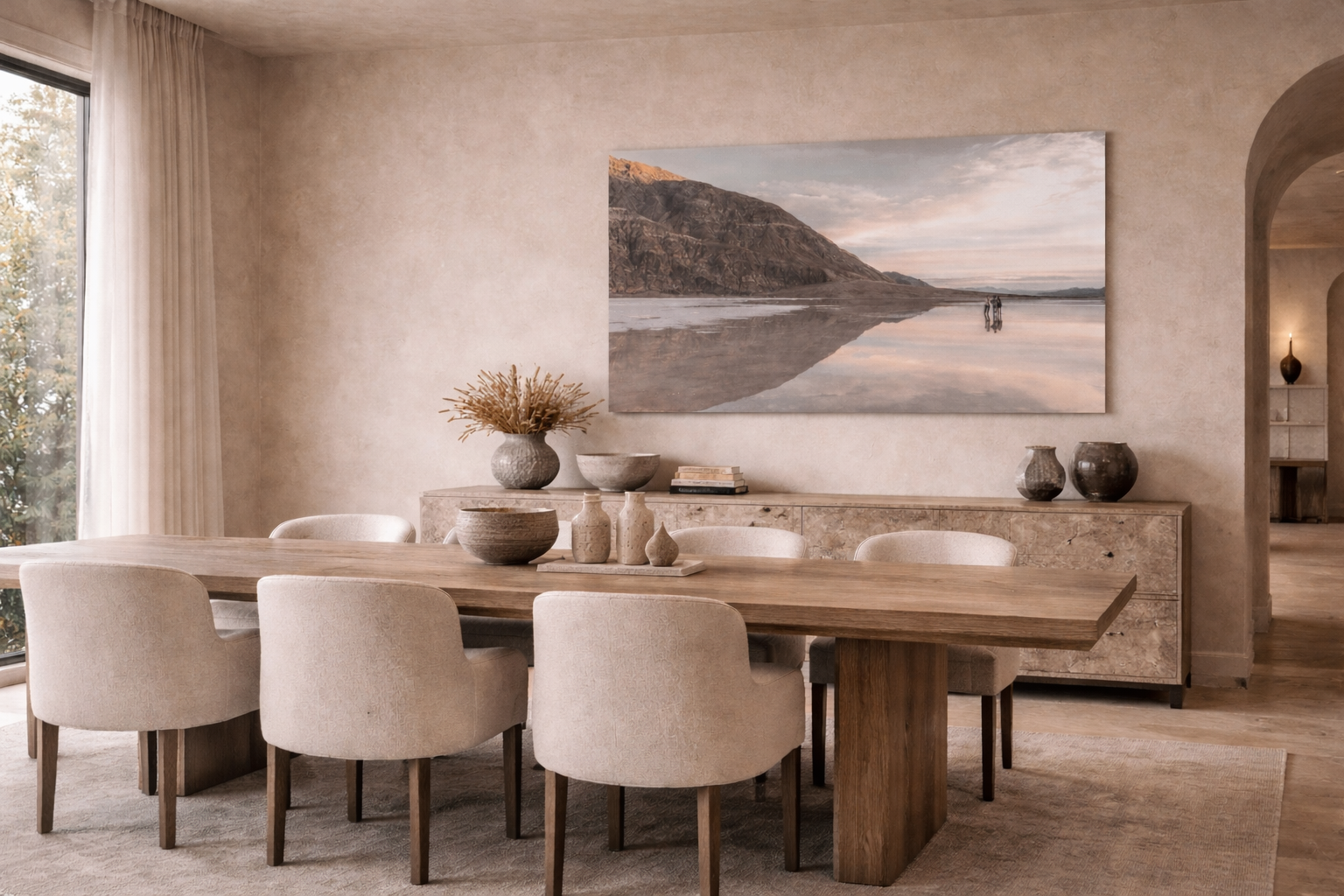 Elegant dining room with serene art.png