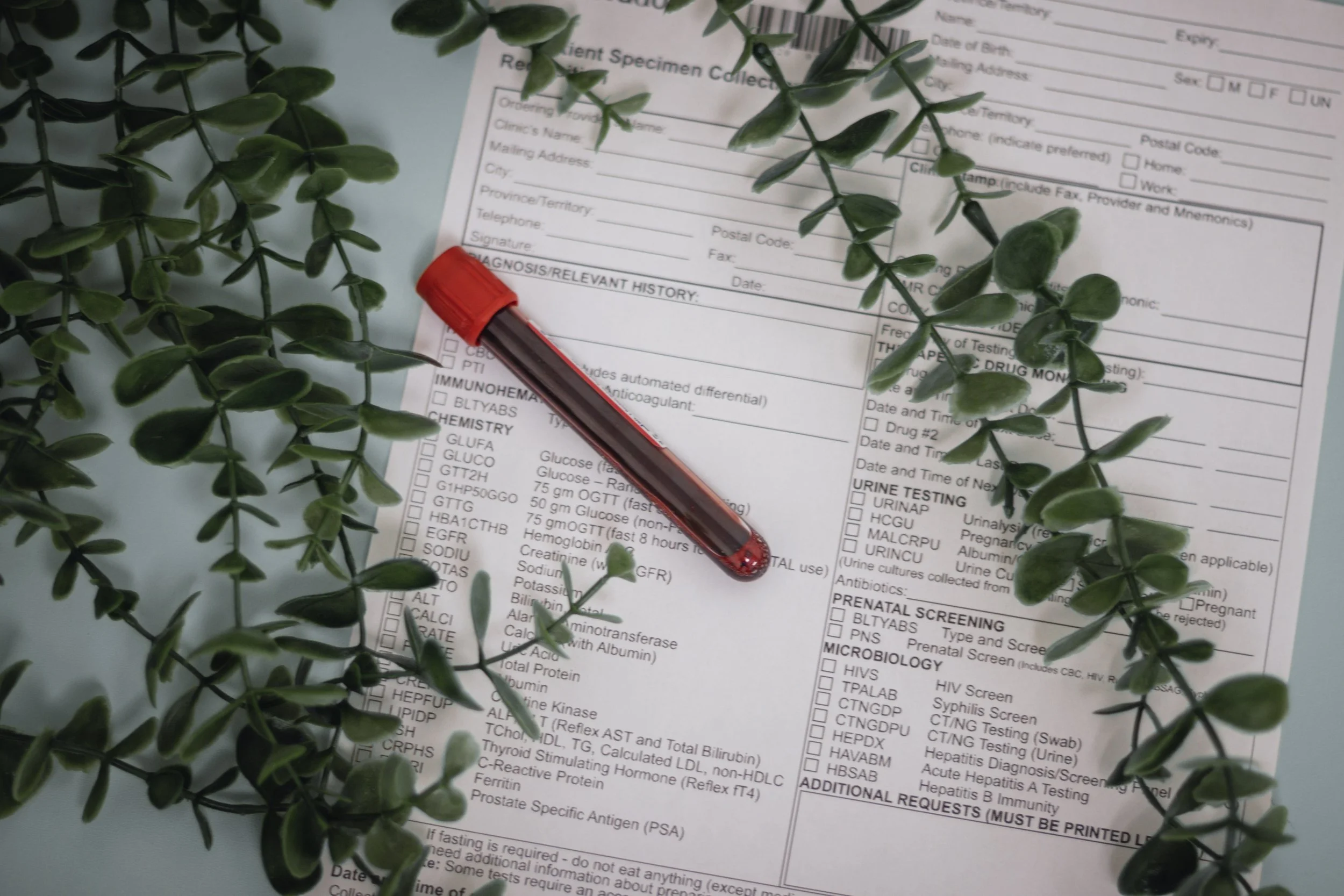 A medical form with green leafy plant stems placed on it, a red-capped test tube lies on the form, with sections for patient information and various medical tests visible.