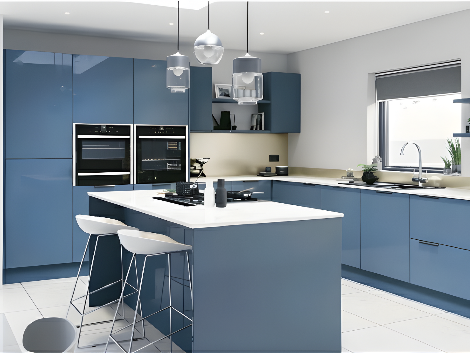 Modern kitchen with blue cabinets, white countertop island, built-in ovens, and a large window with blinds.