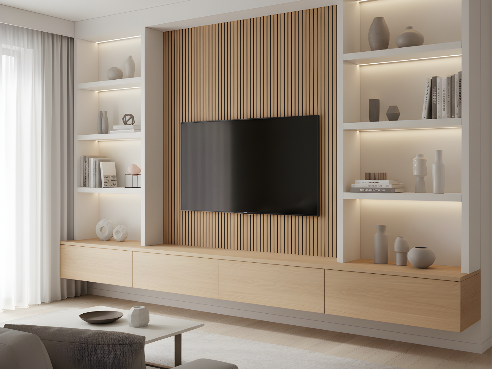 Modern living room with a wall-mounted TV, wooden slat backdrop, open white shelving with books and decorative vases, a beige storage unit below, and a beige-coordinated coffee table with a bowl and a vase on it. Light filters through sheer curtains.