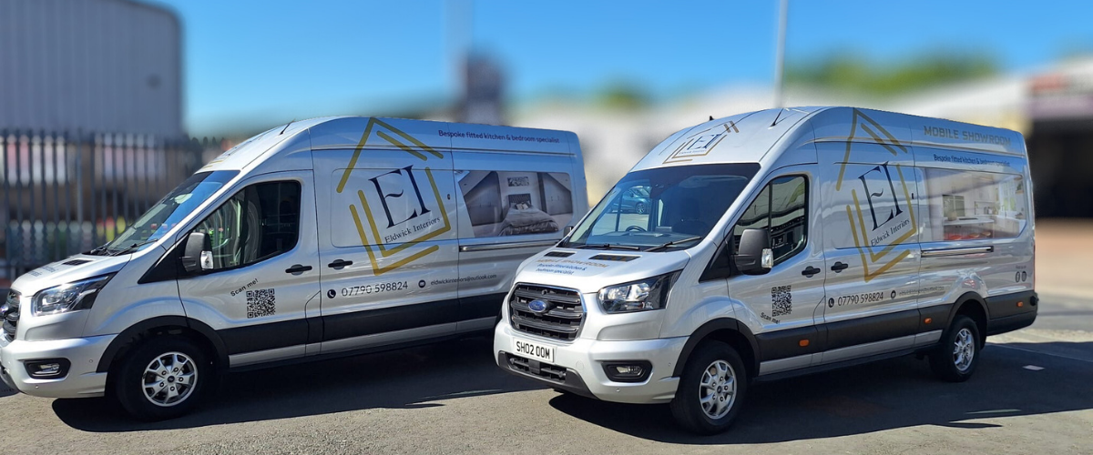 Eldwick Interiors mobile showroom vans branded with company logo, used for delivering bespoke fitted furniture and design consultations across Yorkshire.